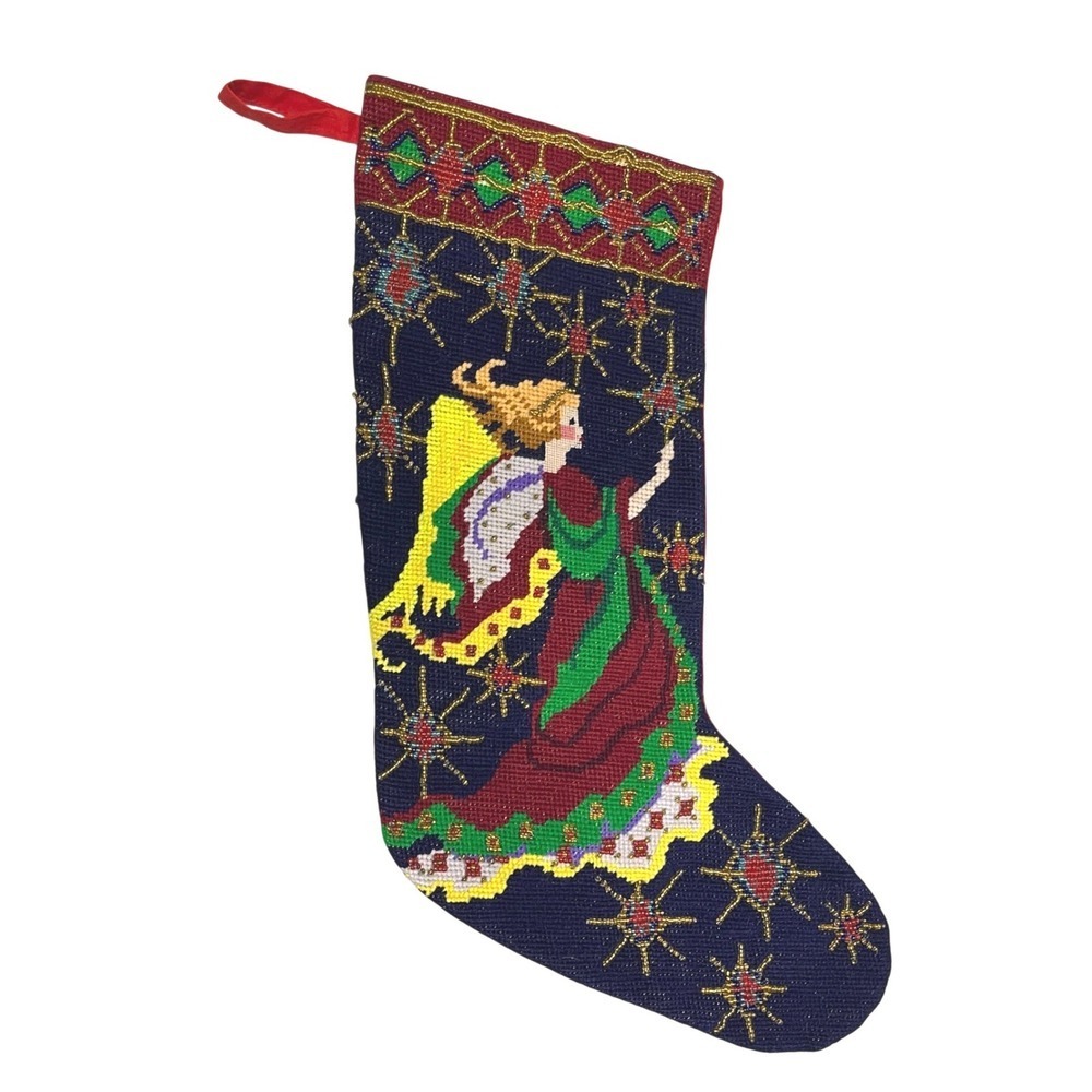Handmade Needlepoint Angel Christmas Stocking Beaded Stars Red Velvet